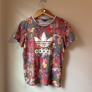 Adidas Blue Trefoil Tag Tee with Pink Heather Multicolor floral Small size